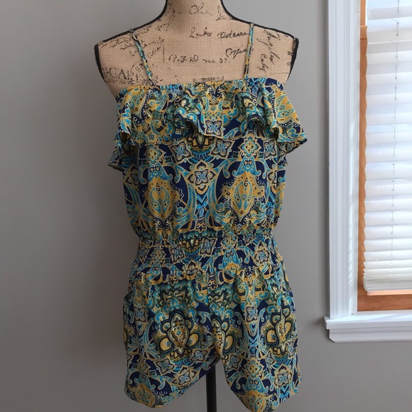 Paradise Yellow and Blue Geometric Print Romper - Picture 1 of 8